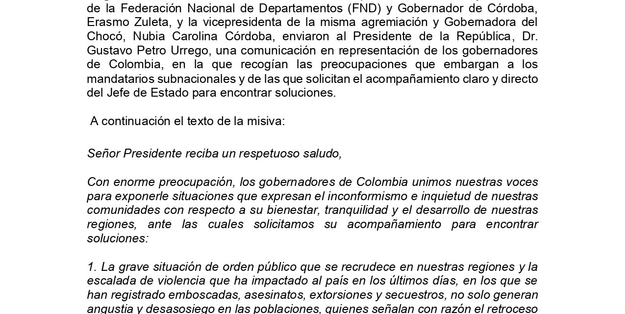 Comunicado de la Federación Nacional de Departamentos de Colombia