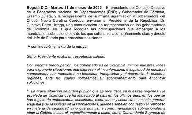 Comunicado de la Federación Nacional de Departamentos de Colombia
