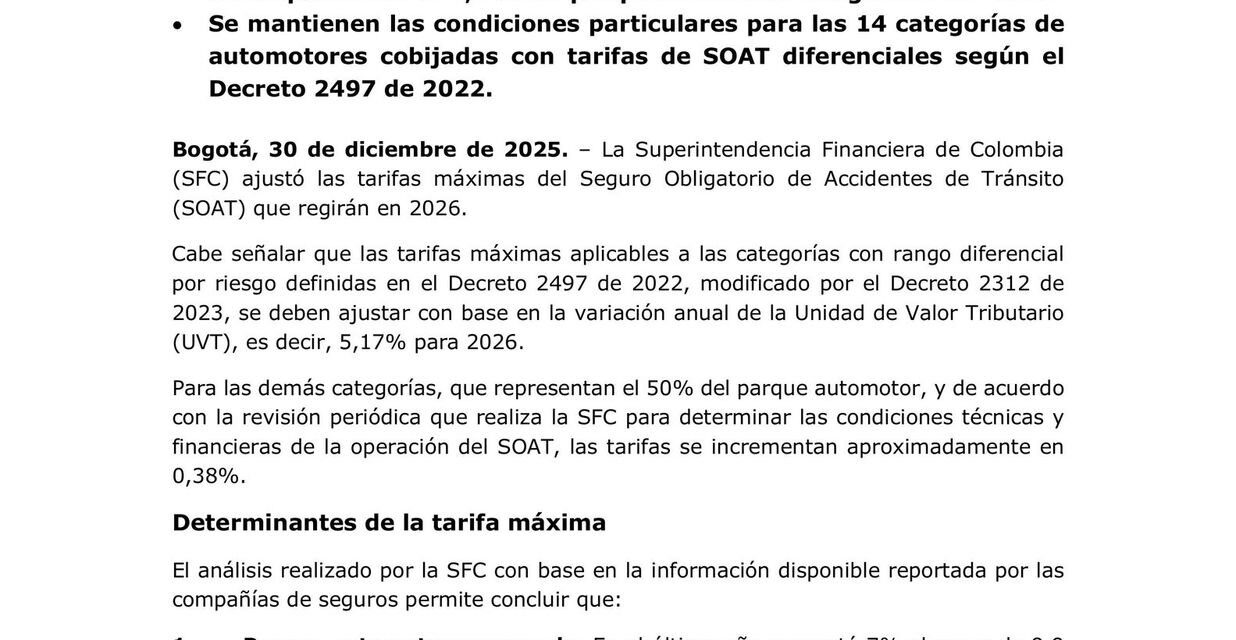 Superfinanciera ajusta tarifas del SOAT para 2026