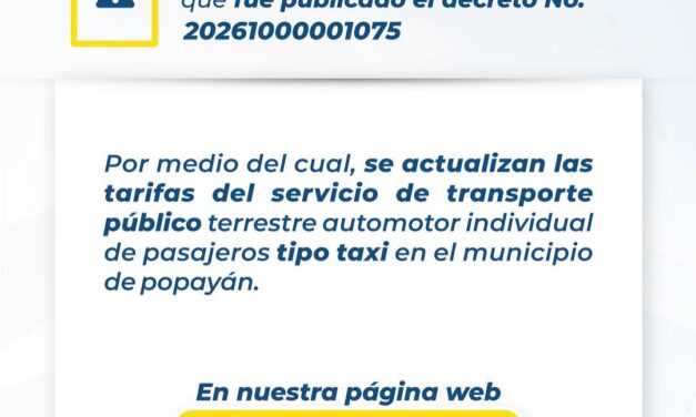 Nuevas tarifas de taxi en Popayán 2026
