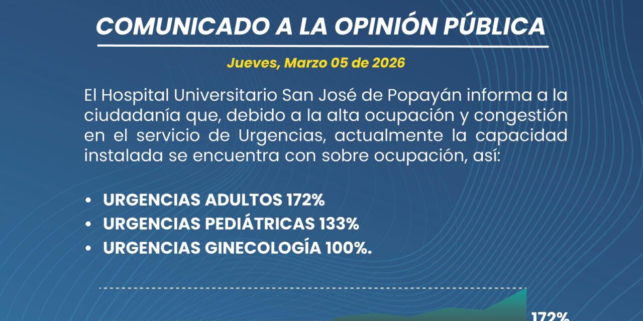 El Hospital Universitario San José de Popayán alerta sobre su ocupación en urgencias