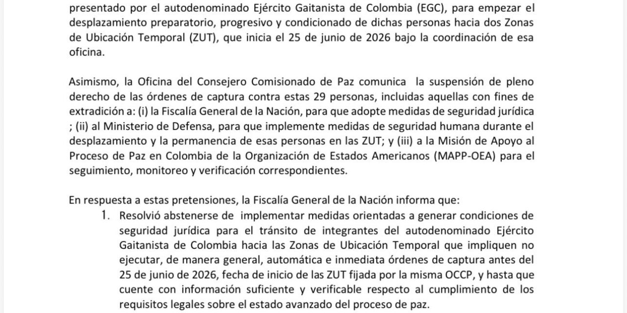 Fiscalía rechaza suspensión automática de órdenes de captura a miembros del Clan del Golfo