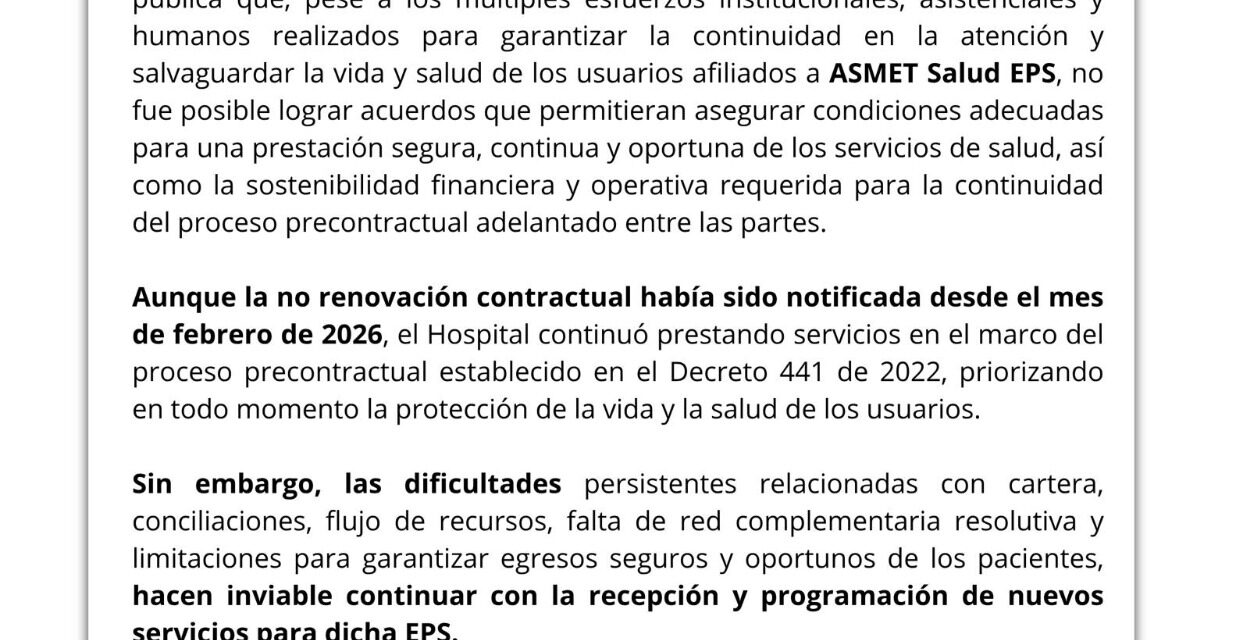 Hospital San José suspende nuevos servicios para afiliados de Asmet Salud
