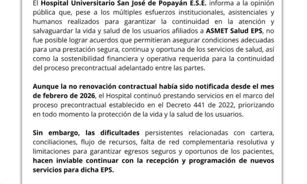 Hospital San José suspende nuevos servicios para afiliados de Asmet Salud