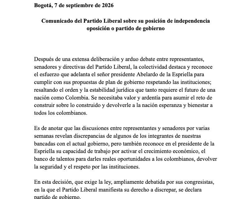Partido Liberal se declara de gobierno